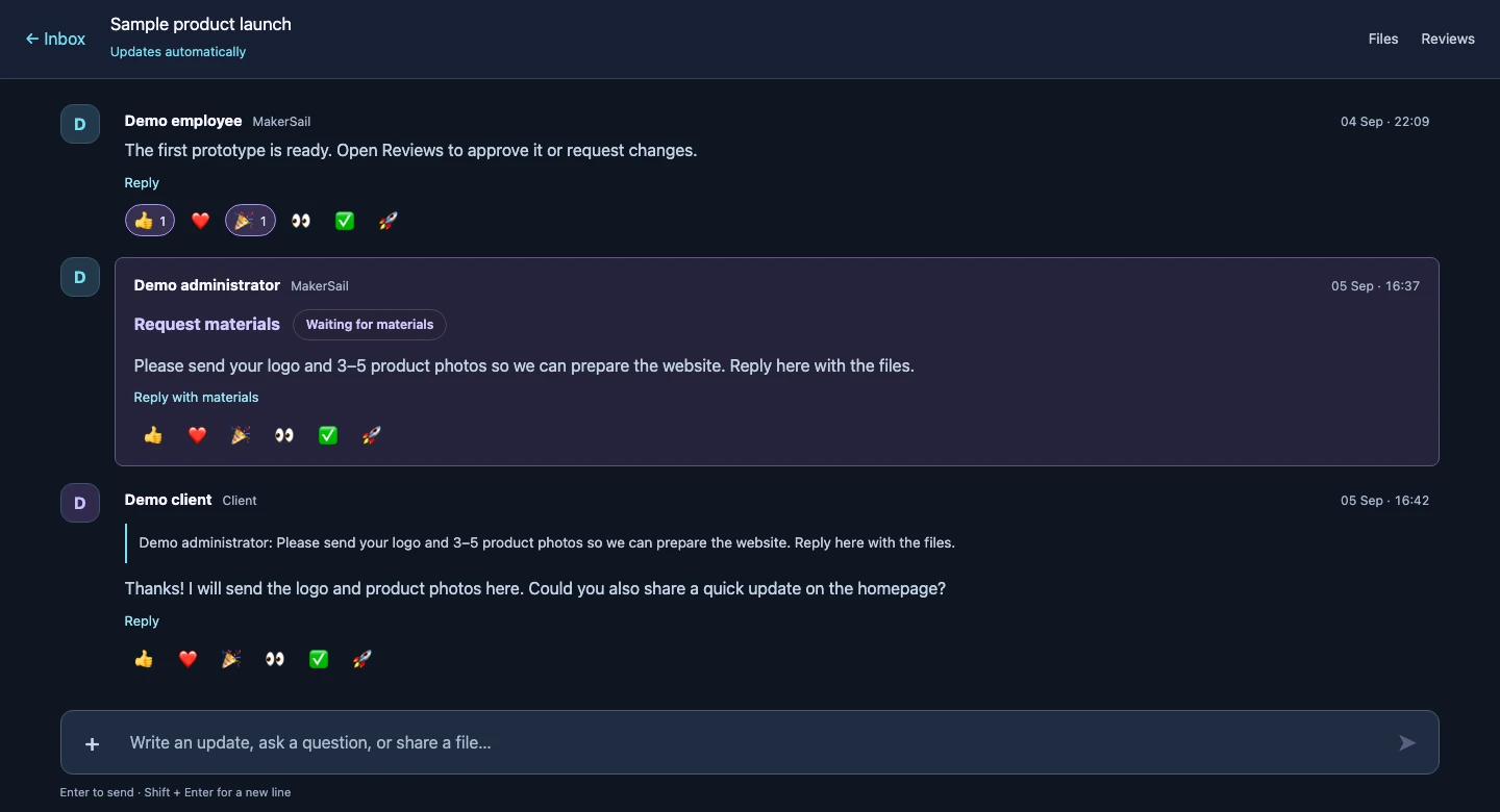Desktop demo of the MakerSail project chat with a material request, quoted client reply and emoji reactions