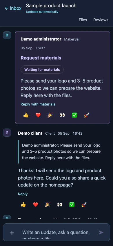Mobile demo of the same project conversation with a material request and client reply